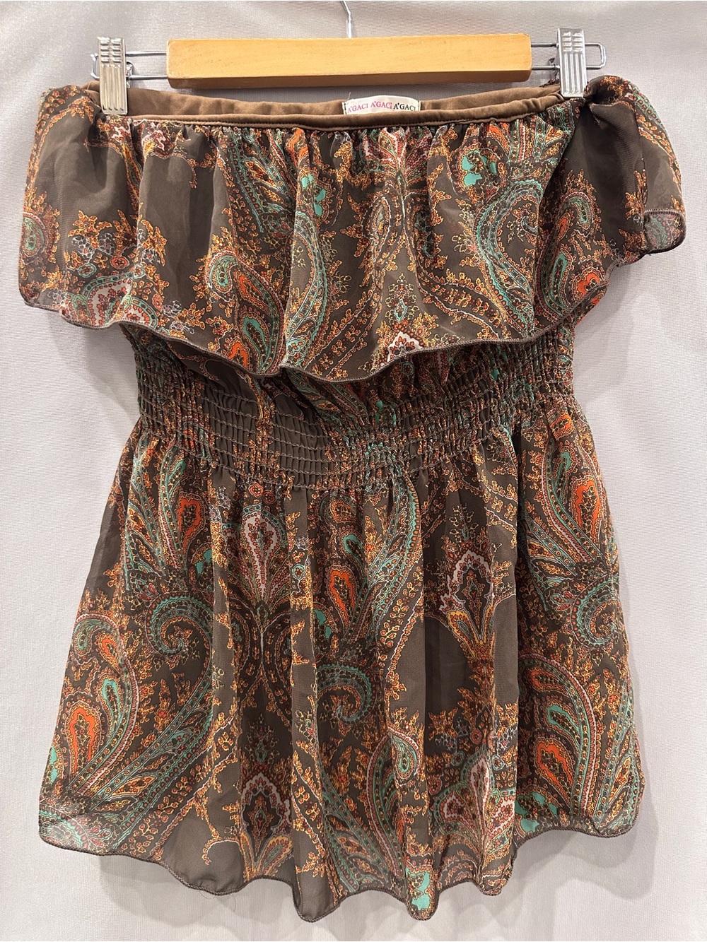 Silky Paisley strapless / Off-Shoulder Ruffle Top in Brown & Teal